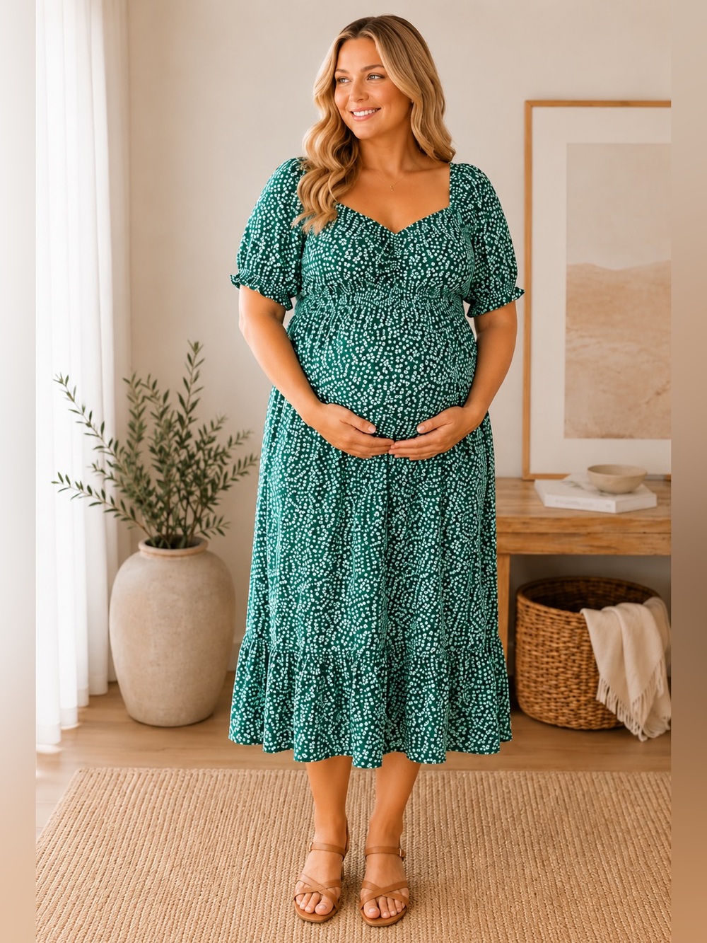 🌿 NWT Green Floral Maternity Midi Dress‎ 🌿 Size: XL